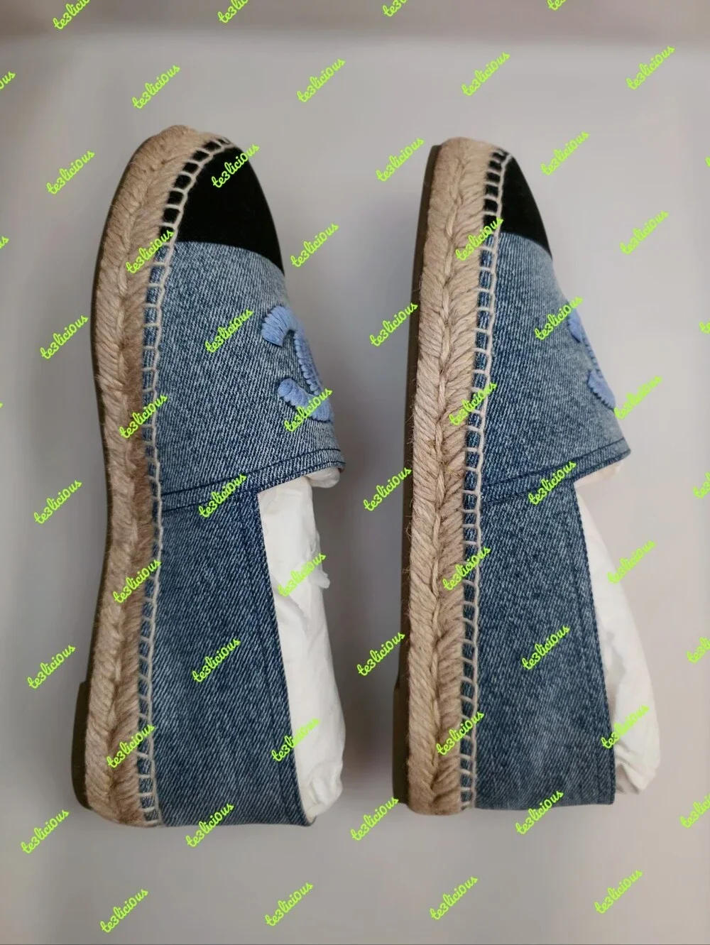 CHANEL 22B LAMBSKIN ESPADRILLES LIGHT BLUE BLACK SZ 39 *PRE-OWNED 100% AUTHENTIC